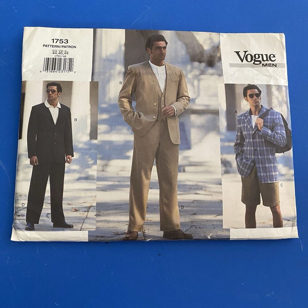 Vintage 1996 Vogue Men 1753 Pattern Jacket Vest Shorts Pants 44 46 48
